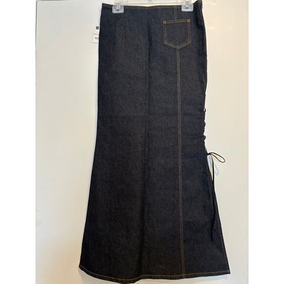 Vintage Y2K Denim Maxi Skirt Lace Up Asymmetrical Grunge Size 6 Dark Wash New - Picture 5 of 7